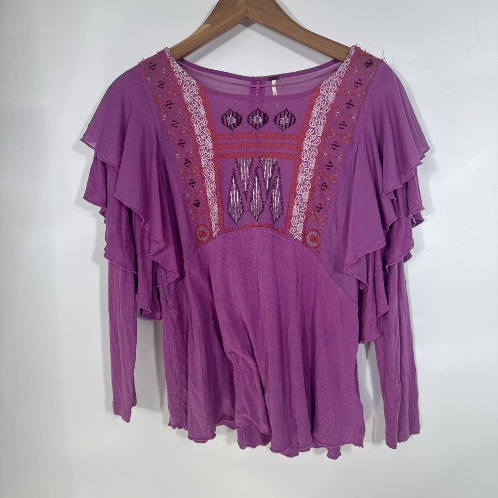 Free‎ People Purple Embroidered Boho Ruffle Sleeve Blouse Top XS Long Sleeve